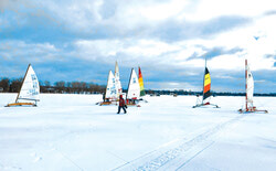 La rivière près de la Marina est un endroitr occupé ! Dimanche dernier, huit voiliers sur glace ont profité de la formidable rivière des Outaouais. The river near the Marina is a busy place! Last Sunday, eight kite sailing crafts enjoyed the mighty Ottawa. 
Photo: François Mouzard