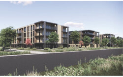 Représentation numérique des quatre bâtiments de 36 logements chacun projetés sur le chemin Vanier, à proximité de l’intersection du chemin d’Aylmer. Crédit photo : Gracieuseté de la Ville de Gatineau