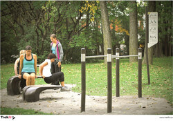 Laval’s Parc des Prairies is one of many Quebec sites with outdoor adult fitness structures made by Trekfit, one of several manufacturers who supply Canadian municipalities with outdoor structures.  
Photo: Courtesy