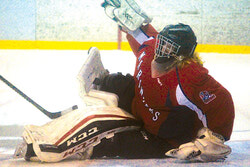 The Aylmer Mariniers Juvenile team currently sits in first place in the preliminary round of the postseason, despite falling 3-1 to the Hull Olympiques on February 27. Pictured, Aylmer goaltender Olivier Belanger sprawls on the ice to make a save in the early stages of the second period. Photo: JD Potié